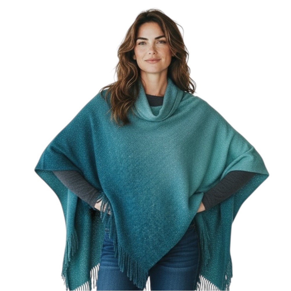 CHICOs Knit Cowl Neck Poncho with Fringe in Teal Ombré Size S/M — SO PRETTY!!! - Picture 2 of 9